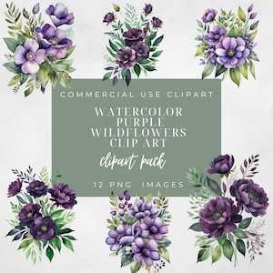 Purple Wildflowers Floral Flowers Clip Art Pack, Transparent PNG, Watercolor, Commercial Use, Wedding, Sublimation, Floral Bouquet, Digital