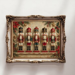 May include: A framed wall art piece featuring five nutcracker figures standing in a row on a ledge. The nutcrackers are painted in red, green, gold, and black, surrounded by illustrations of poinsettias, pine branches, and a gold star.