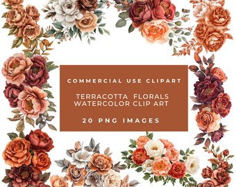 Watercolor Florals Clipart: Terracotta, Burnt Orange, Rust (PNG, Commercial Use)