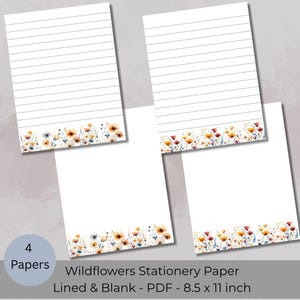 Wildflowers Stationery Paper Set, Lined Unlined Blank, Printable Digital Floral Stationery, Digital Download PDF, Letter Paper, Journal Page