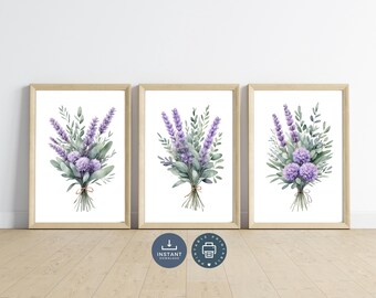 Lavender Eucalyptus Watercolor Art Prints: Set of 3 (Digital Download)
