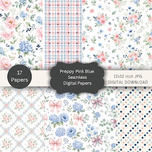 Puede incluir: Una colección de 17 papeles digitales con diseños sin costuras en rosa y azul preppy. Los patrones incluyen arreglos florales, cuadros vichy, lunares y lazos. Los papeles miden 30,48 x 30,48 cm, descarga digital.