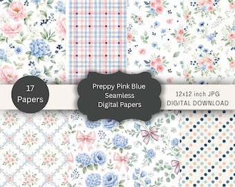 Preppy Pink and Blue Digital Paper Pack, Seamless Floral Botanical Patterns, Stripes Polka Dots Bows, 12x12 Scrapbook Paper JPG