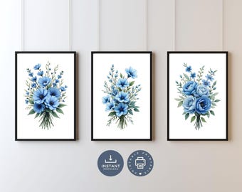 Blue Watercolor Wildflower Prints: Botanical Wall Art Set (Digital Download, Set of 3)