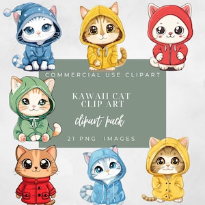 Cute Kawaii Cat Clip Art Pack Bundle, Transparent PNG, Commercial use, Digital Download, Sublimation Design, Kitty Graphics, Cat Stickers