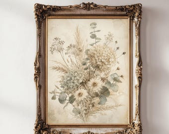 Vintage Hydrangea Eucalyptus Wall Art Print, Neutral Botanical Printable, Cottage Farmhouse Floral Decor, Digital Download