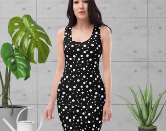 Black White Polka Dot Fitted Mini Dress, Bodycon dress, Trendy Stylish Chic, Sleeveless Above the Knee Trendy Dress