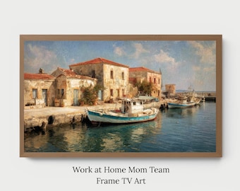 Vintage Mediterranean Seaside Fishing Village Harbor Landscape, Samsung Frame TV Art, Digital Download
