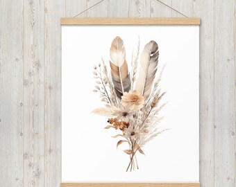 Boho Floral Feathers Botanical Poster with hangers, Wall Art Wall Decor, Neutral Color, Beige Brown Gray Cream, Living room Wall Art Bedroom