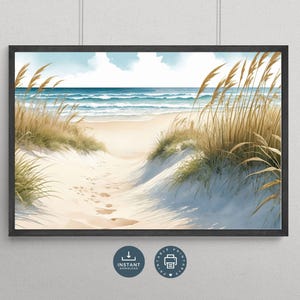 Impresión de arte de pared con dunas de arena en la playa y el océano, descarga instantánea de impresión digital, acuarela de vida costera, camino a la playa, arte playero femenino y elegante