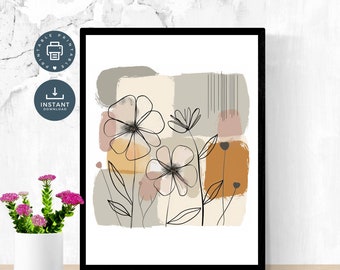 Boho Neutral Colors Floral Flower Line Art Drawing Wall Art,  Digital Printable Wall Art Wall Decor, Instant download, Modern, Minimalist