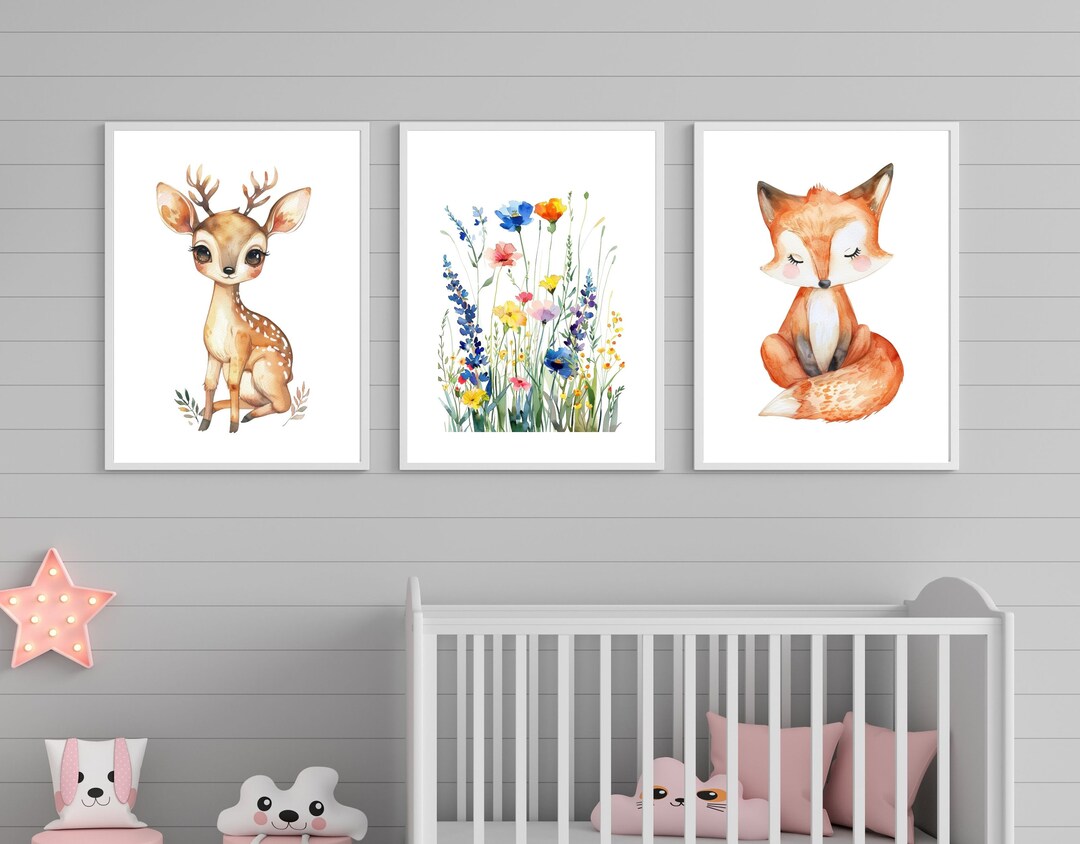 Woodland Nursery Art: Watercolor Animals, Wildflowers Print Set ...