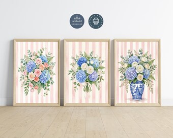Pink Striped Grand millennial Wall Art Set of 3, Blue Hydrangea Floral Prints, Preppy Chinoiserie Printable Wall Decor, Digital Download
