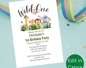 Wild One 1st First Birthday Party Invitation, Safari Jungle animals, Edit Canva, Digital, Printable, Instant download, Boys First Birthday