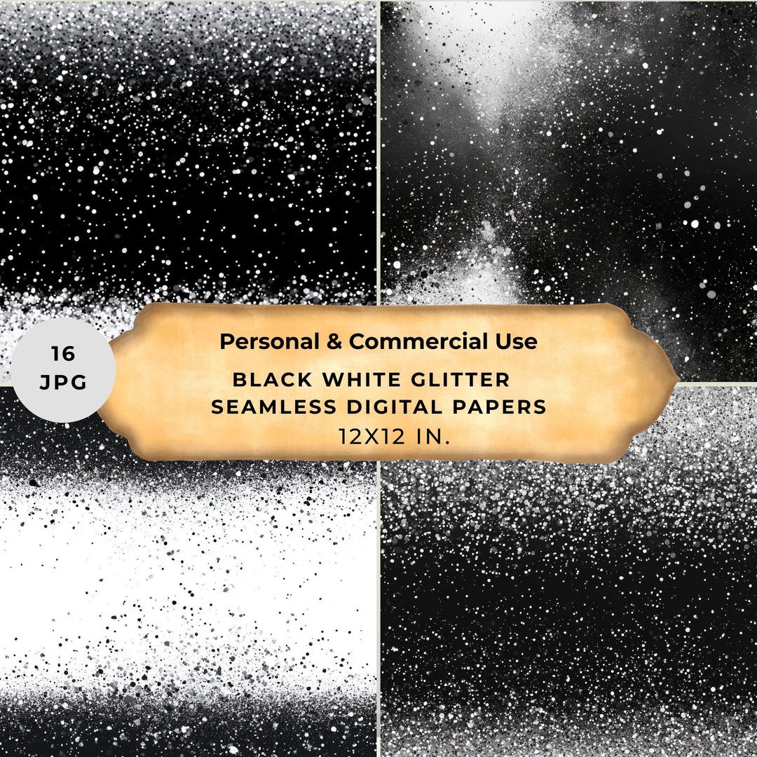 Black White Glitter Digital Seamless Paper Pack, Scrapbook & Journal ...