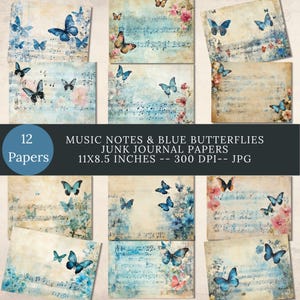 Music Notes Piano Notes Blue Butterflies Junk Journal Papers Pages, Digital Printable Scrapbook, Collage, Vintage Antique Watercolor, Shabby