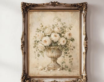 Vintage White Roses Printable Wall Art Print, Watercolor Antique Floral Wall Decor, Digital Download