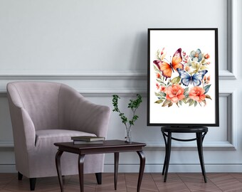 Butterflies Tropical Flowers Watercolor Floral Digital Wall Art, Printable Wall Art, Living room, Bedroom Bathroom, Instant Digital download