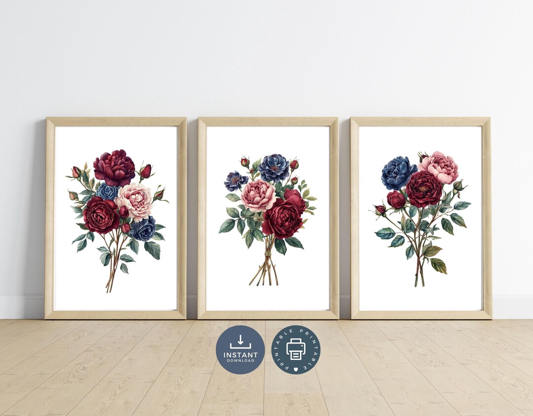 Floral Watercolor Print Set: Burgundy, Navy, Blush Roses (digital ...