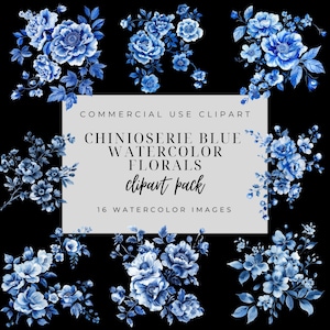 Vintage chinoiserie blauwe bloemen clip art bundel, transparante png's, commercieel gebruik, trouwkaarten, sublimatie, botanische toile