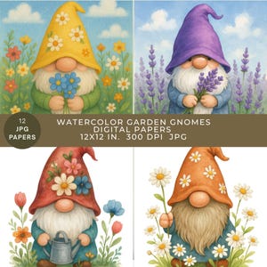 Garden Gnomes Flowers Digital Printable Paper Pack, Scrapbook Junk Journal page, Collage Decoupage, Digital Download, Background, Decorative