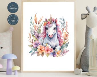 Baby Unicorn Flowers Floral Botanical Watercolor Nursery Baby Room, Kids Room, Wall Art, Digital Printable Instant Download, Play Room Art