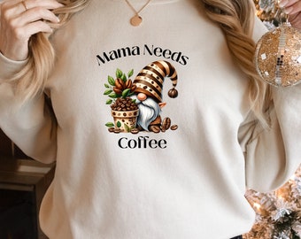 Mama Needs Coffee Gnome Sweatshirt, Unisex Heavy Blend™ Crewneck Sweatshirt, Cute Trendy Whimsical Fun, Gift for Mom, Mother's day, Gildan