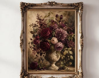 Moody Burgundy Floral Wall Art, Plum Rose Printable, Vintage Botanical Painting, Dark Academia Decor, Victorian Flower Print, Digital