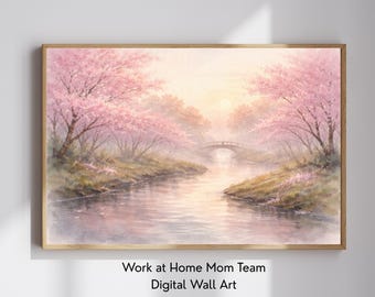 Cherry Blossom Trees Wall Art Print, Nature Trees Landscape Digital Download, Watercolor Printable Painting