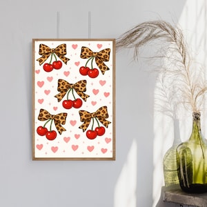 Cherries Coquette Aesthetic Leopard Cheetah Bow Digital Printable Wall Art, Pink, Preppy Girly, Instant Download, Chic Fashion Poster Print