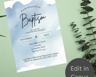 Baptism Christening Boys Minimalist Blue Splash Invitation, Instant download, Printable, Canva Editable Template, PDF JPG, Personalize