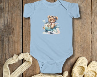 Teddy Bear in Airplane Baby Infant Toddler Bodysuit Sizes to 24M, Blue Baby Boy Gift, Baby Shower Gift, Gift for Baby Boy, 1st Birthday