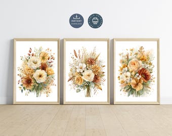 Terracotta Fall Floral Wall Art Set of 3, Autumn Botanical Printable Digital Prints, Neutral Rust Flower Wall Decor, Vintage Farmhouse