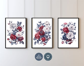 Arte de pared con elegantes flores, peonías y rosas en azul marino, blanco y burdeos, rojo oscuro, imprimible digitalmente, juego de 3 impresiones, acuarela antigua vintage.