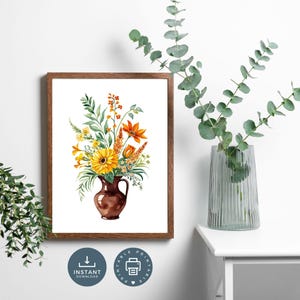 Arte de pared con flores de otoño en jarrón, diseño botánico con motivos florales de color amarillo anaranjado, descarga instantánea e impresión digital, póster con flores de acuarela
