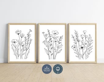 Boho Wildflower Line Art Prints: Black & White Floral Set (Digital Download)