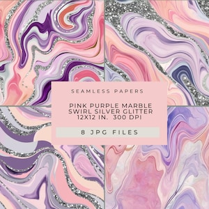 Pode incluir: Oito papéis digitais sem costura com um design de redemoinho de mármore rosa, roxo e glitter prateado. Cada papel mede 30,48 cm x 30,48 cm e tem uma resolução de 300 DPI. O texto na imagem diz: "SEAMLESS PAPERS PINK PURPLE MARBLE SWIRL SILVER GLITTER 12X12 IN. 300 DPI 8 JPG FILES."