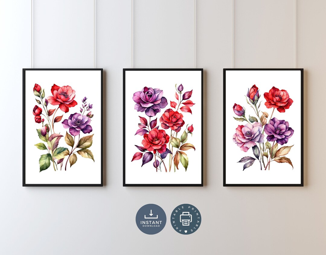 Floral Watercolor Print Set: Purple & Red Botanical Art (digital ...