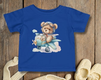 Blue Teddy Bear in Airplane Baby Infant T-shirt Top Tee Clothing, Baby Shower Gift, Gift for new Baby Boy, 1st Birthday Gift, Sizes to 24M