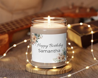 Personalized Happy Birthday Scented Soy Candle, 9oz, Peach Dusty Blue Floral Flowers Greenery Customized Happy Birthday Jar Candle, Gift Her