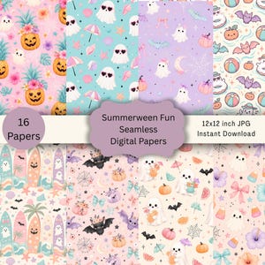 Summerween Pastel Halloween Seamless Patterns, Spooky Summer Digital Paper Pack (Digital Download)