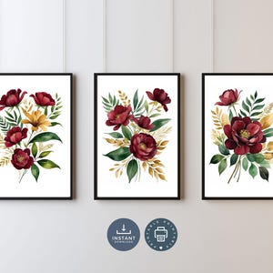Burgundy Red Gold Floral Botanical Wall Art, Gallery Set of 3 Prints, Digital Printable Poster Art, Watercolor Elegant, Living Room, Bedroom