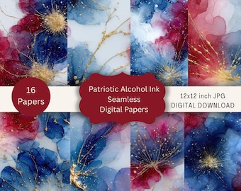 Red White Blue Gold Alcohol Ink Paper Pack, Seamless Luxury Patriotic Marble Backgrounds Textures, Printable Scrapbook, Digital Download JPG