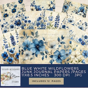 Blue White Wildflowers Junk Journal Digital Printable Paper Pages, Antique Vintage Watercolor Floral Flower, Scrapbook Paper Crafts, Collage