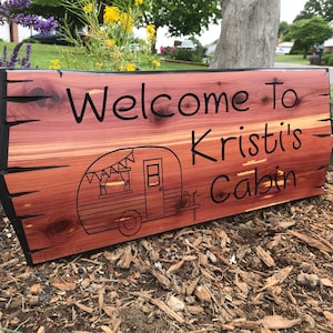 Personalized Carved Cedar Wood Camping Sign, Family Name Sign with Camper RV Image, Carved Wood Signs for Fathers Day Gift for him