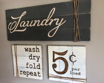 Laundry Room Sign, Laundry Room Décor, Wash Dry Fold Repeat, Rustic Laundry Set, Reclaimed Wood Sign Farmhouse Sign