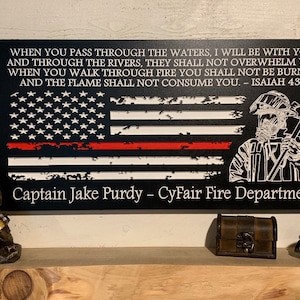 Personalized Firefighter Gift For Him with Firemans Image, Firefighter Sign, Firefighter Decor Thin Red Line American Flag