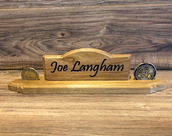 Personalized Military Challenge Coin Holder: Engraved Wood Desktop Display