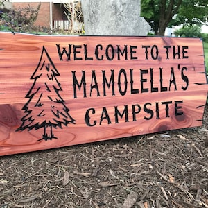 Personalized Carved Cedar Wood Camping Sign, Family Name Sign with Tree Image, Carved Wood Signs for Fathers Day Gift for him, RV Sign