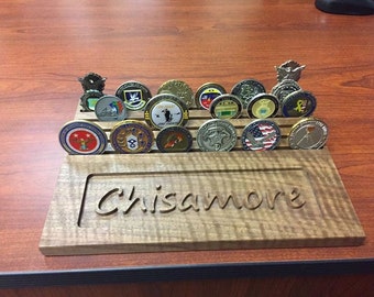 Personalized Military Challenge Coin Holder: Engraved Wood Display